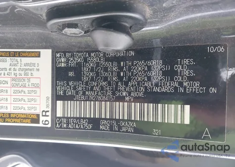 2007 Toyota 4Runner Limited V6 z USA, uszkodzony, nr VIN JTEBU17R278084157